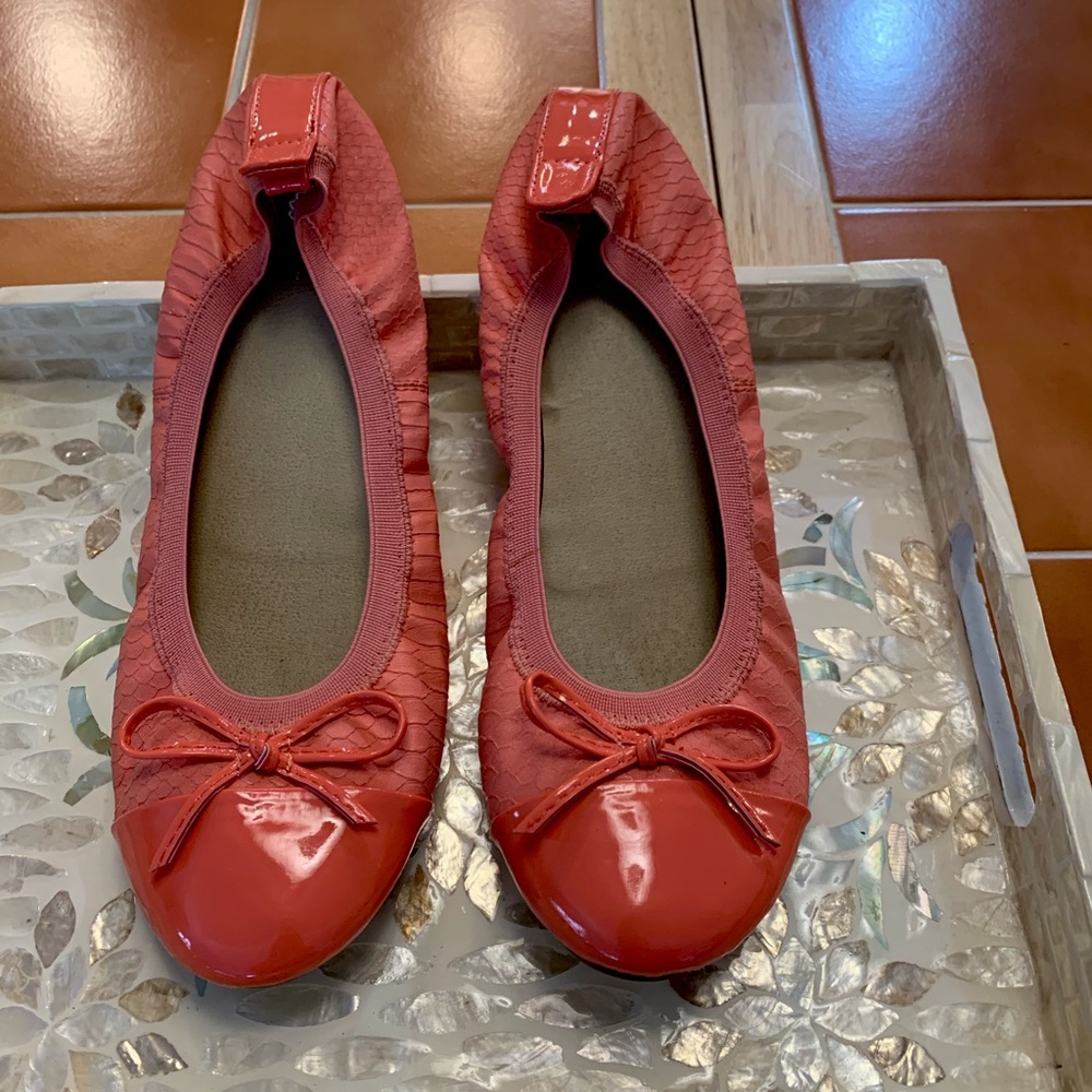 Wanted Gilmer Coral Ballet Flats with Coral Patent Leather Toe, Heel Pull & Bow